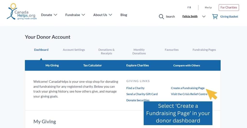 2. Select "Create a Fundraising Page on Your Donor Dashboard"