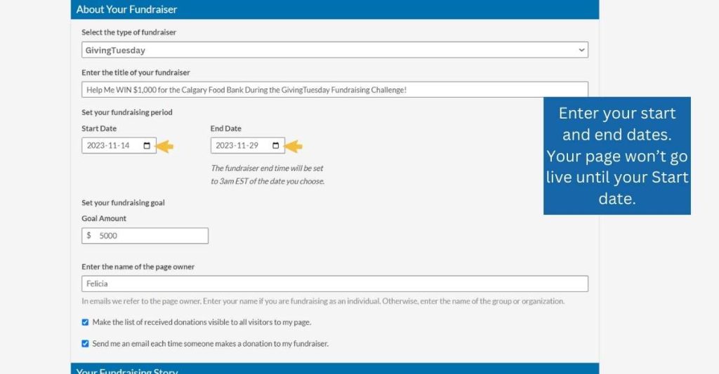 5. Enter fundraiser start and end dates
